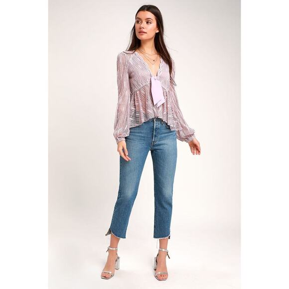 Free People Luisa Sheer Lace V-Neck Long Sleeve Babydoll Top Lavender Purple S - Picture 3 of 14